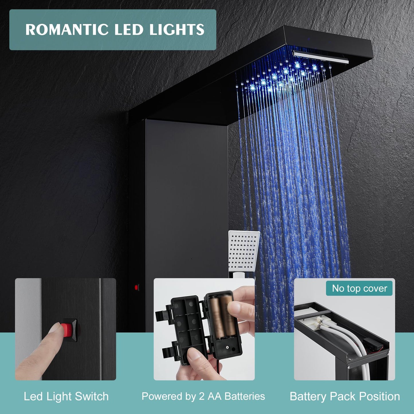KINKIB LED Shower Panel Tower System Black with Rainfall Waterfall Shower Head, 5-in-1 Shower Tower with Powerful Body Jets, Handheld Shower and Tub Spout, High Pressure Shower Column Stainless Steel