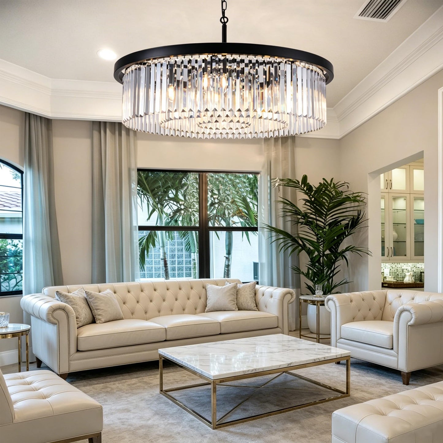 Wellmet Modern Black Crystal Chandelier, 33.5" Large 3-Tier Round Pendant Light with Adjustable Chain, 9-Light Luxury Crystal Ceiling Fixture for High Ceiling Foyer, Grand Living Room, Dining, Bedroom