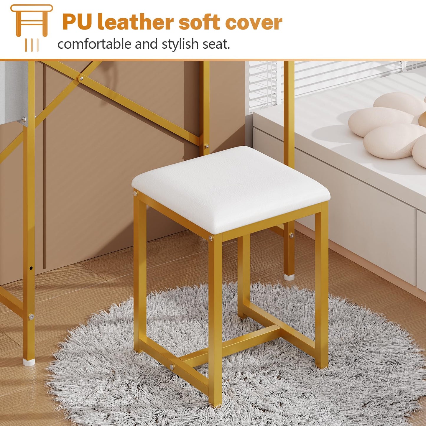 Makeup Vanity Set with 360°Rotating Mirror amd PU Leather Chair, Compact Small Vanity Desk with Side Pocket for small space, Dressing Table for Bedroom, Cheap Gold and White Vanity for Girls and Women