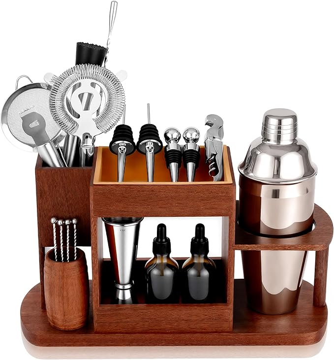 Lexenic Cocktail Making Dock, 23-Piece Cocktail Shaker Set with Versatile Wooden Stand, Easy Access Stainless Steel Barten...