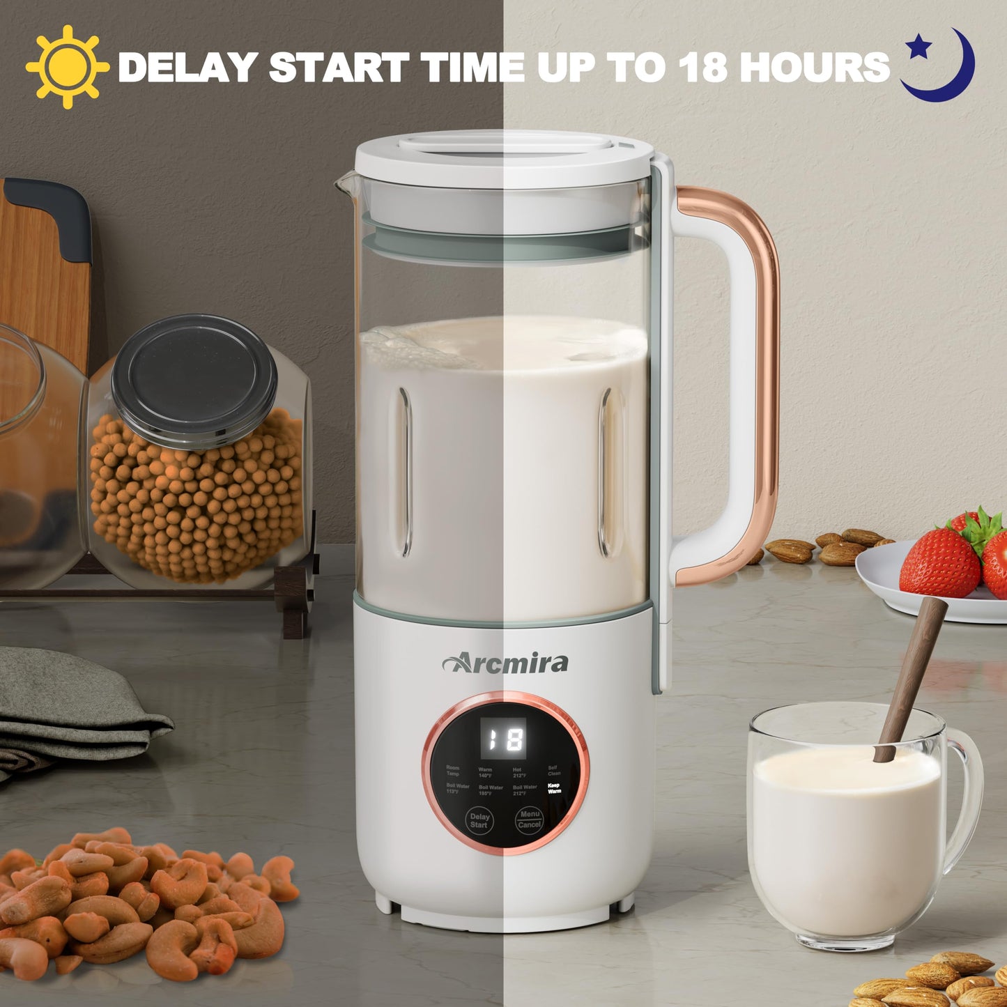 8 in 1 Automatic Nut Milk Maker, 10 Blade 35 oz Homemade Oat, Soy, Plant-Based and Dairy Free Beverages, Almond Milk Maker with Delay Start/Keep Warm/Boil Water, Soy Milk Maker with Nut Milk Bag