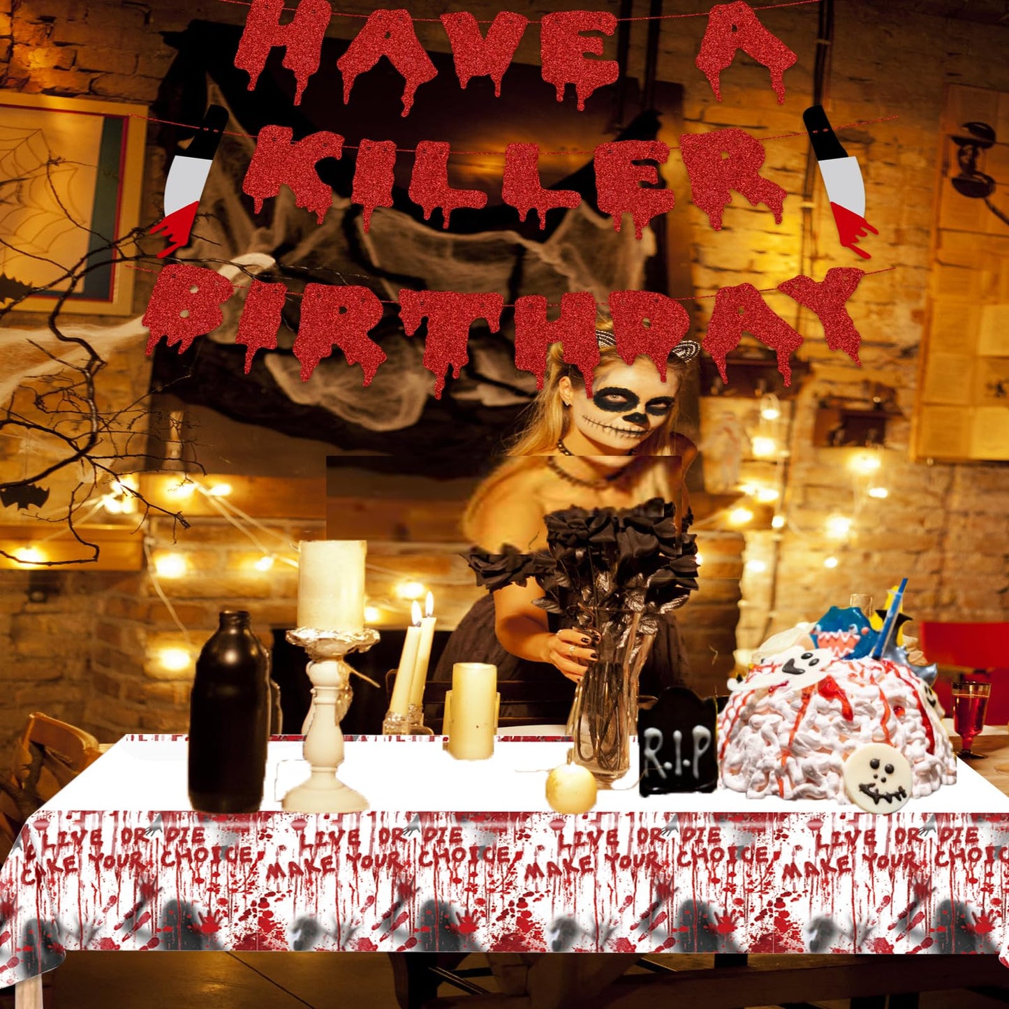 Cracoo Have a Killer Birthday Party Banner Disposable Tablecloth for Halloween Birthday Halloween Bloody Horror Movie (Red)