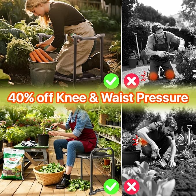 Poraise Garden Kneeler and Seat Heavy Duty, Wider and Thicker Kneeling Pad for Foldable Gardening Stool with 2 Tool Pouches, Gardening Gifts Tools for Women Mom Men Seniors