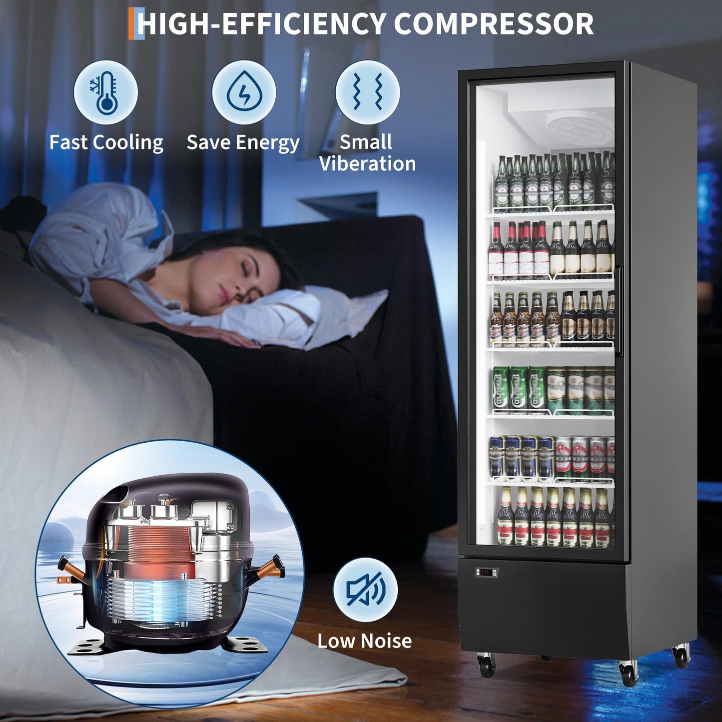 IDEALHOUSE Commercial Merchandiser Refrigerator, 13.4 Cu.Ft, Glass Door, Beverage Cooler, 5 Adjustable Shelves, Bar Fridge, Commercial Display, Large Capacity, Black, For Restaurant, Store, Bar