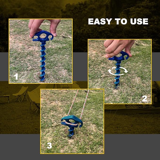 COBARYEN Tent Stakes Ground Anchors Screw in, 16 Pack Sand Stakes for Beach 9.4 Inch Heavy Duty Spiral Tent Pegs for Camping, Party, Hiking, Outdoor Decoration (16, Blue)
