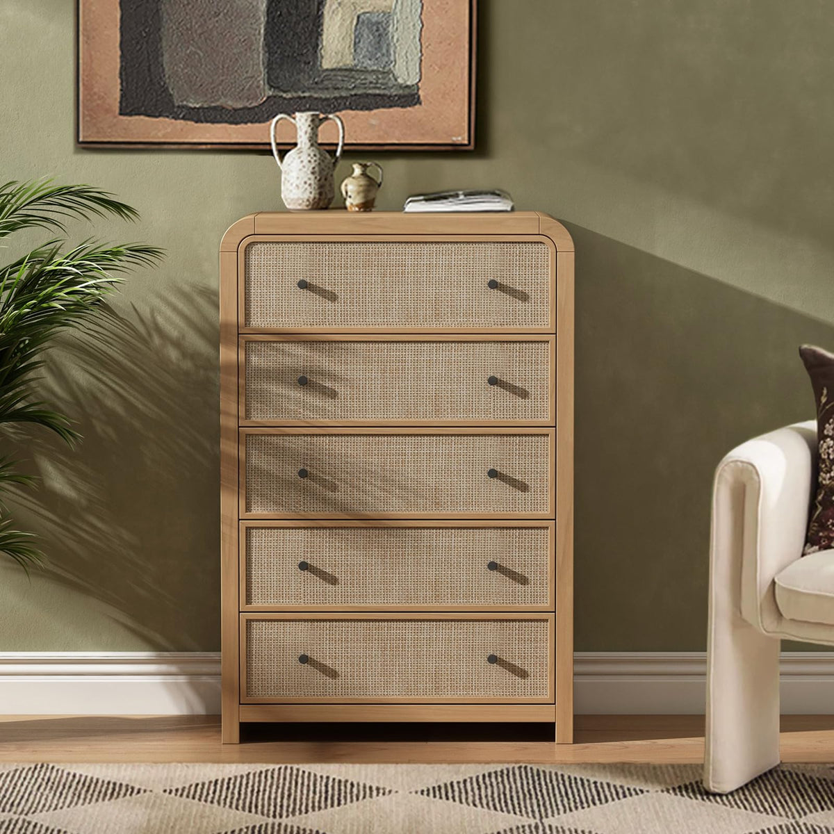 Oak&Sparrow 5 Drawer Tall Dresser for Bedroom, 47'' Rattan Dresser with Ample Storage, Boho Chest of Drawers, Thickened Curved Profile Design, Oak Dressers for Bedroom, Living Room