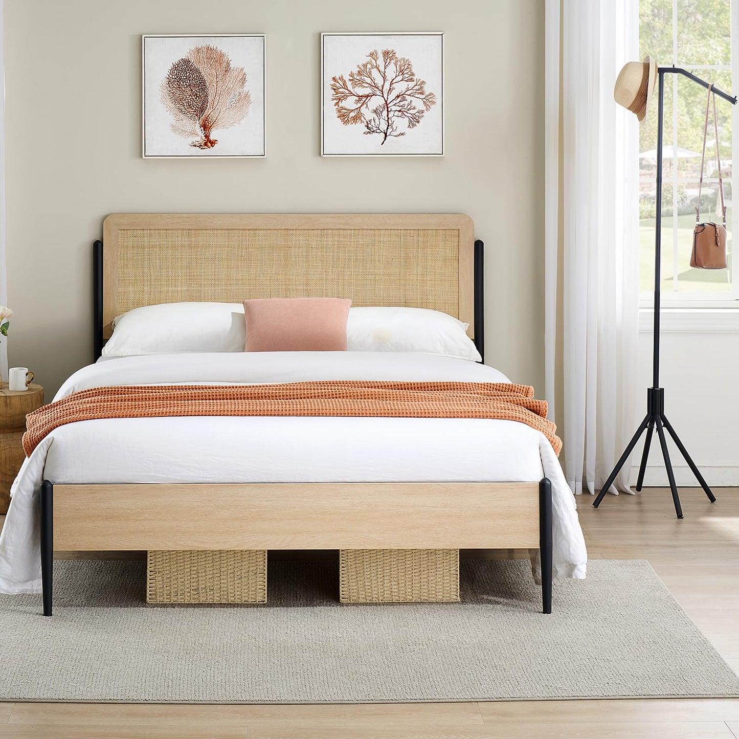 GarveeHome Full Size Boho Bed Frame with Natural Rattan Headboard & Solid Wood Footboard - Under Bed Storage Space, Quiet Noise-Free Design, No Box Spring Needed,Oak