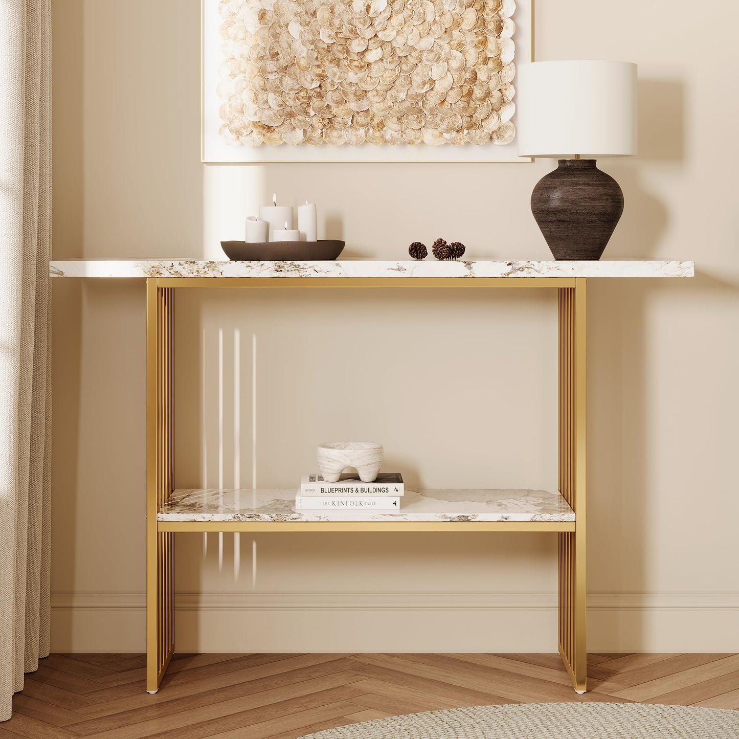 GDFStudio 47.2" Modern Console Table with Shelf, Luxury Narrow Entryway Table with Faux Marble Top and Gold Metal Frame, Sofa Tables Behind Couch for Living Room Foyer Hallway, Gold White
