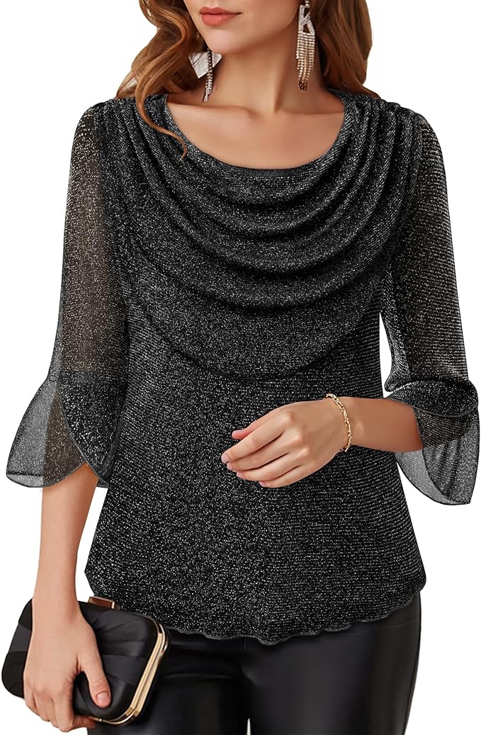 Lotusmile Blouses for Women Dressy Casual 3/4 Sleeve Cowl Neck Sparkly Tops Cocktail Shirts for Evening Party