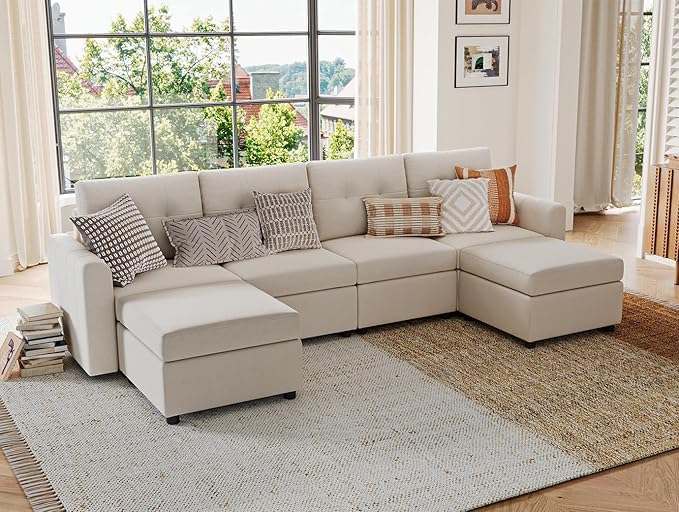 LINSY HOME Modular Sectional Sofa Oversized, Rubik III Removable Cover Living Room Couches with Storage Deep Seat & Ottoman Chaise L/U Shaped Sofa Modern Couch (Beige)