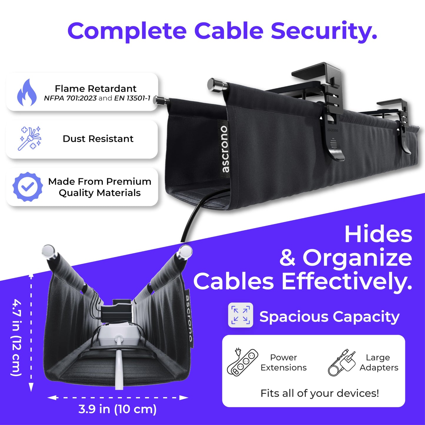 Ascrono Original No Drill Under Desk Cable Management Tray 27.3" - Premium Black Fabric Cable Management Under Desk - Clamp/Screw Mount Cord Organizer - Supports Upto 66lbs