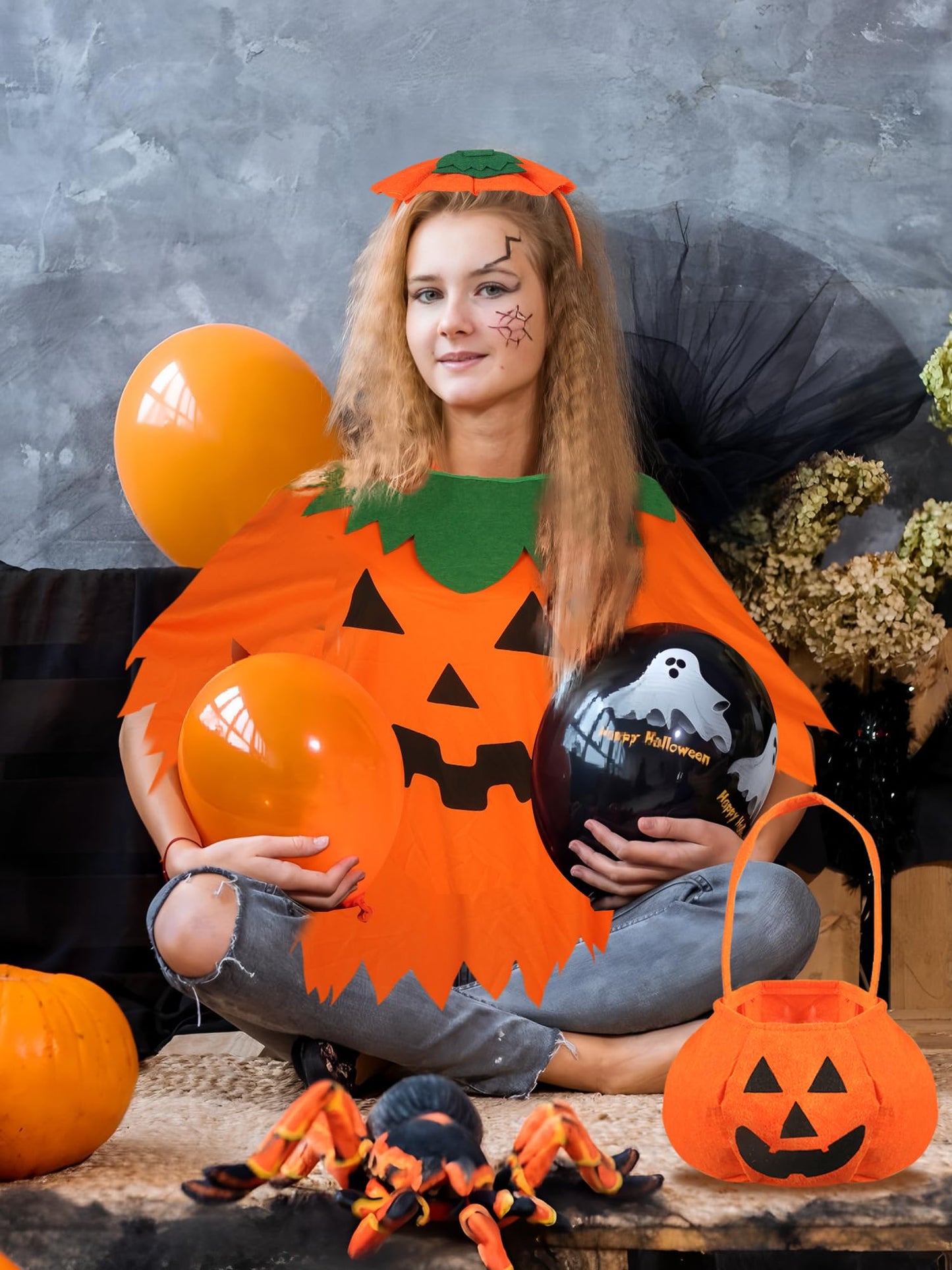 peony man 4 PCS Halloween Costume for Women Pumpkin Costume Set with Pumpkins Poncho Hair Hoop Pumpkin Cape with Candy Bag Headband Striped Tights for Women Adult Halloween Cosplay Party