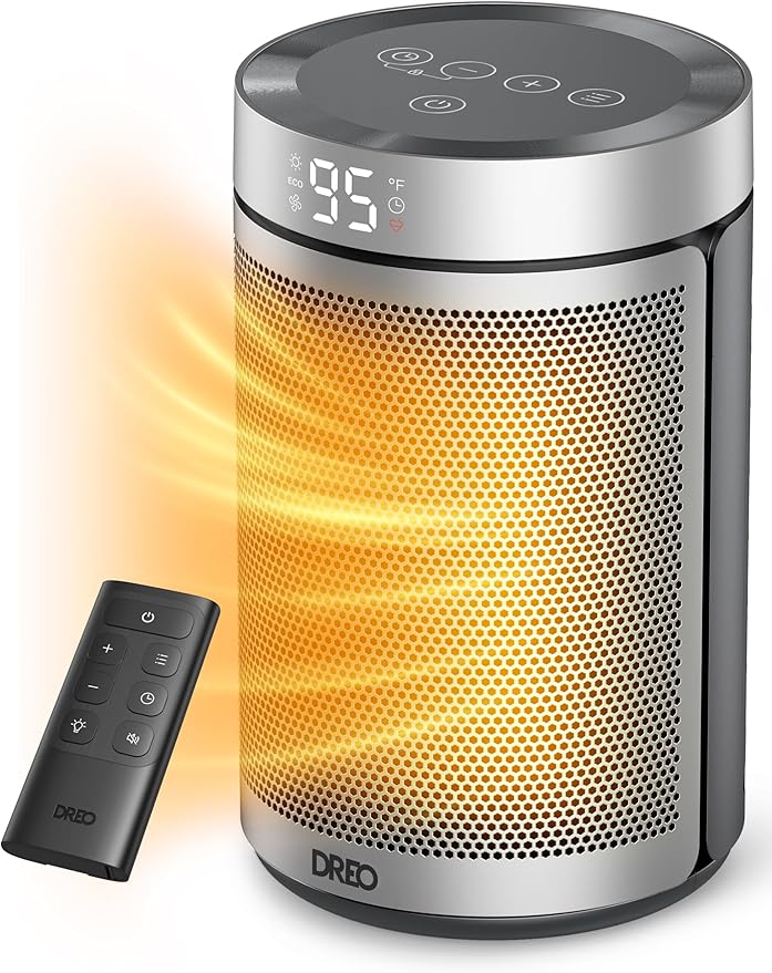 DREO Space Heater, Portable Electric Heaters for Indoor Use with Thermostat, 1-12H Timer, Eco and Fan Mode, 1500W PTC Ceramic Safety Heat for Office Bedroom Home, With Remote, Silver