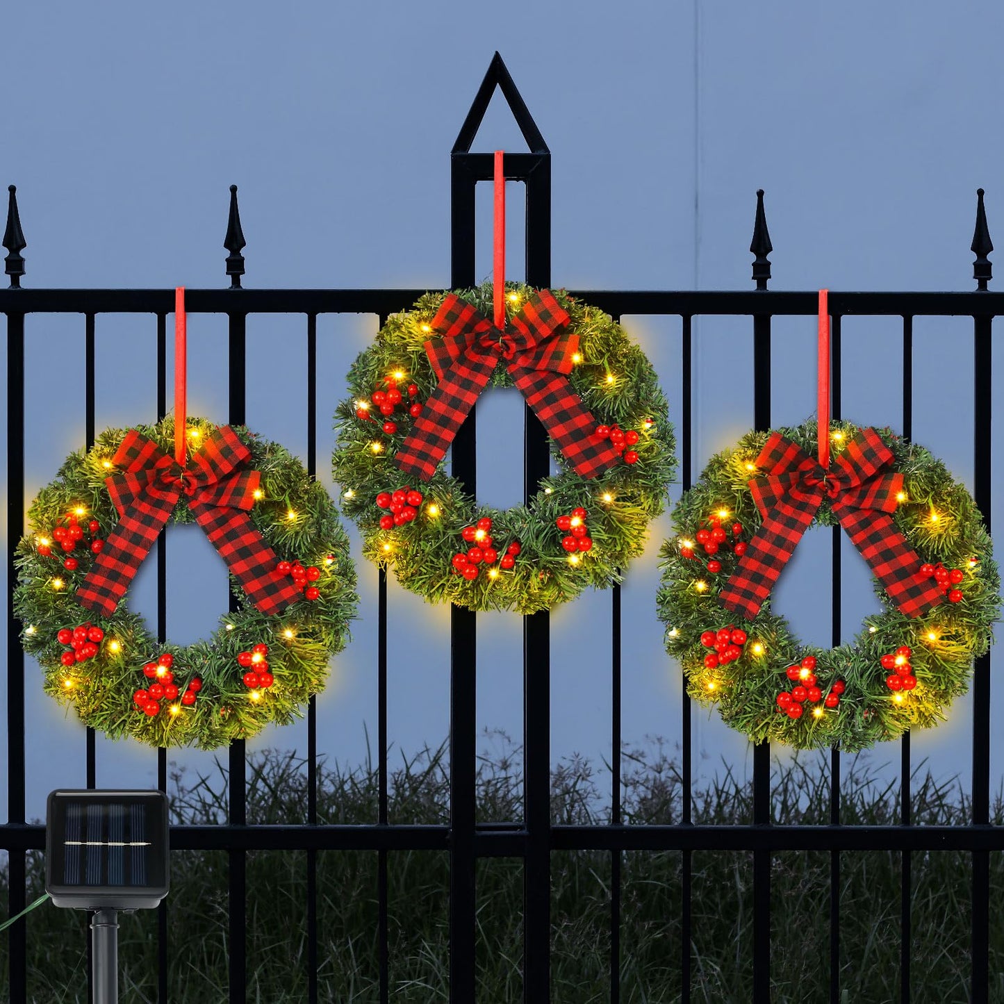 Cinnvoice Christmas Wreath Set of 3 Artificial Wreath Fence Wreath with Solar Lighted String Berry and Pine Needles Christmas Outdoor Decoration for Xmas Winter Decor Yard Stairs