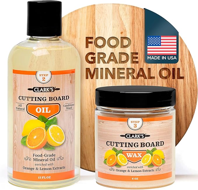 CLARK'S Food Grade Mineral Oil (12oz) and Carnauba Wax (6oz) Set - 100% Natural Butcher Block Oil and Cutting Board Wax - Food Safe Beeswax and Wood Cutting Board Oil with Orange & Lemon Extract