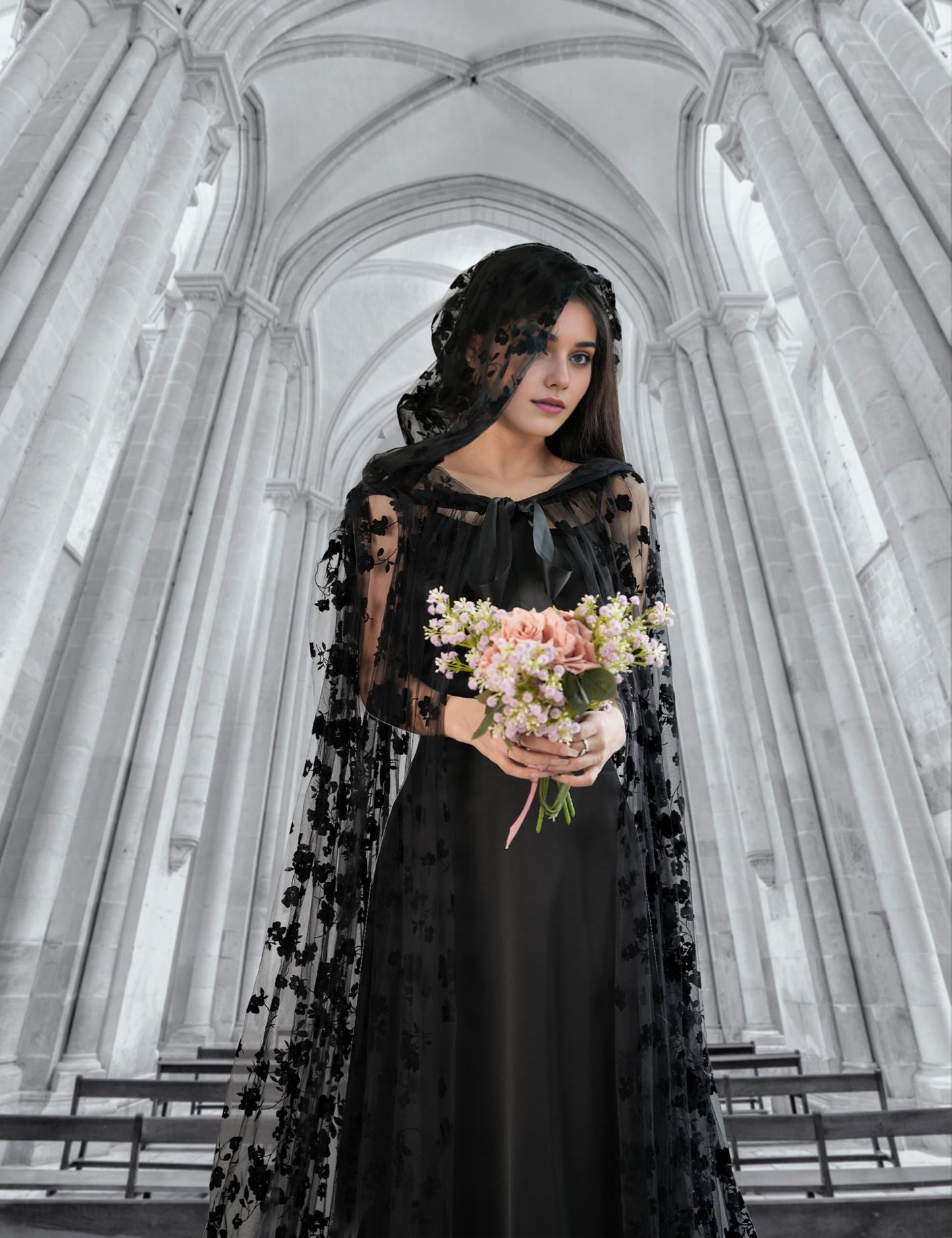 Black Hooded Cape Tulle Cloak Witch Gothic Costume Medieval Renaissance Wizard Vampire Robe with Hood for Women Adults