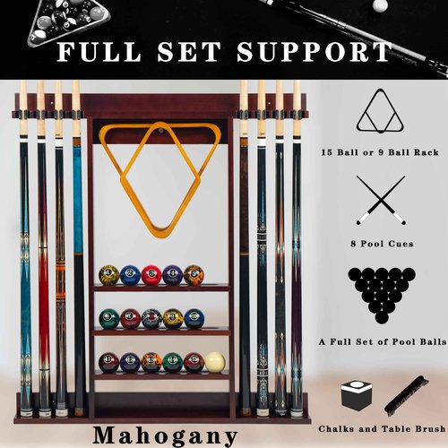 Billmart Pool Stick Holder Wall Mount, 8 Cues Solid Wood Billiard Pool Cue Rack, Pool Table Accessories (Mahogany)