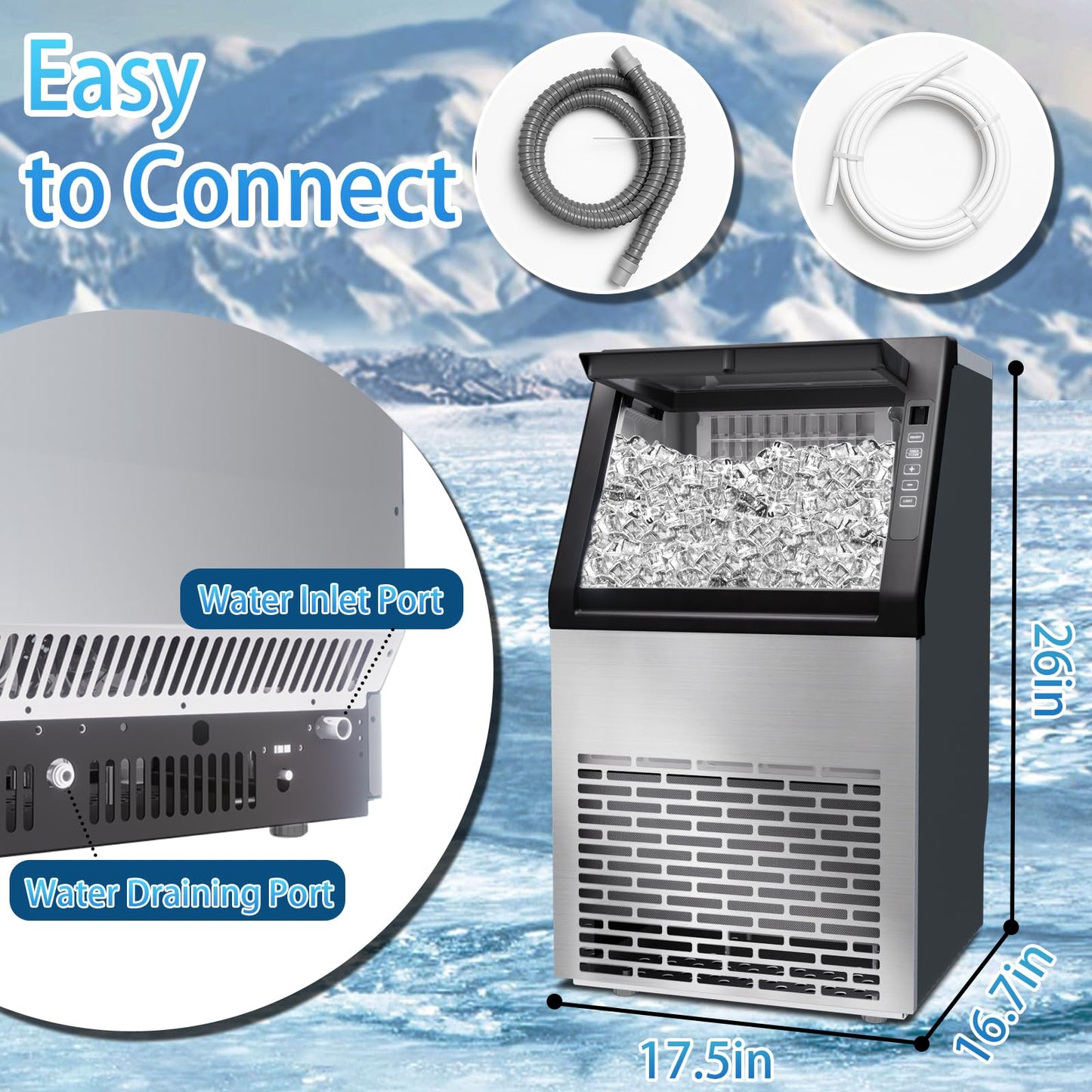 Commercial Ice Machine,100LBS/Day Stainless Steel Freestanding Large Ice Maker,36 Cubes in 11Mins,24H Timer,Self-Cleaning, Ideal for Restaurant, Bars, Home and Offices
