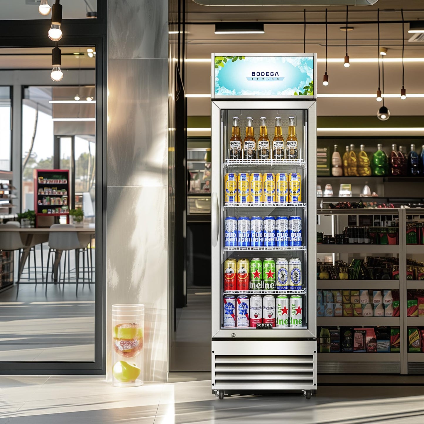 BODEGACOOLER Commercial Merchandiser Refrigerator, 9 Cu.Ft Glass Door Beverage Refrigerator, Upright Beverage Display Cooler with Soft LED Light, Adjustable Shelves, 4 Strong Castors(Stainless Steel)