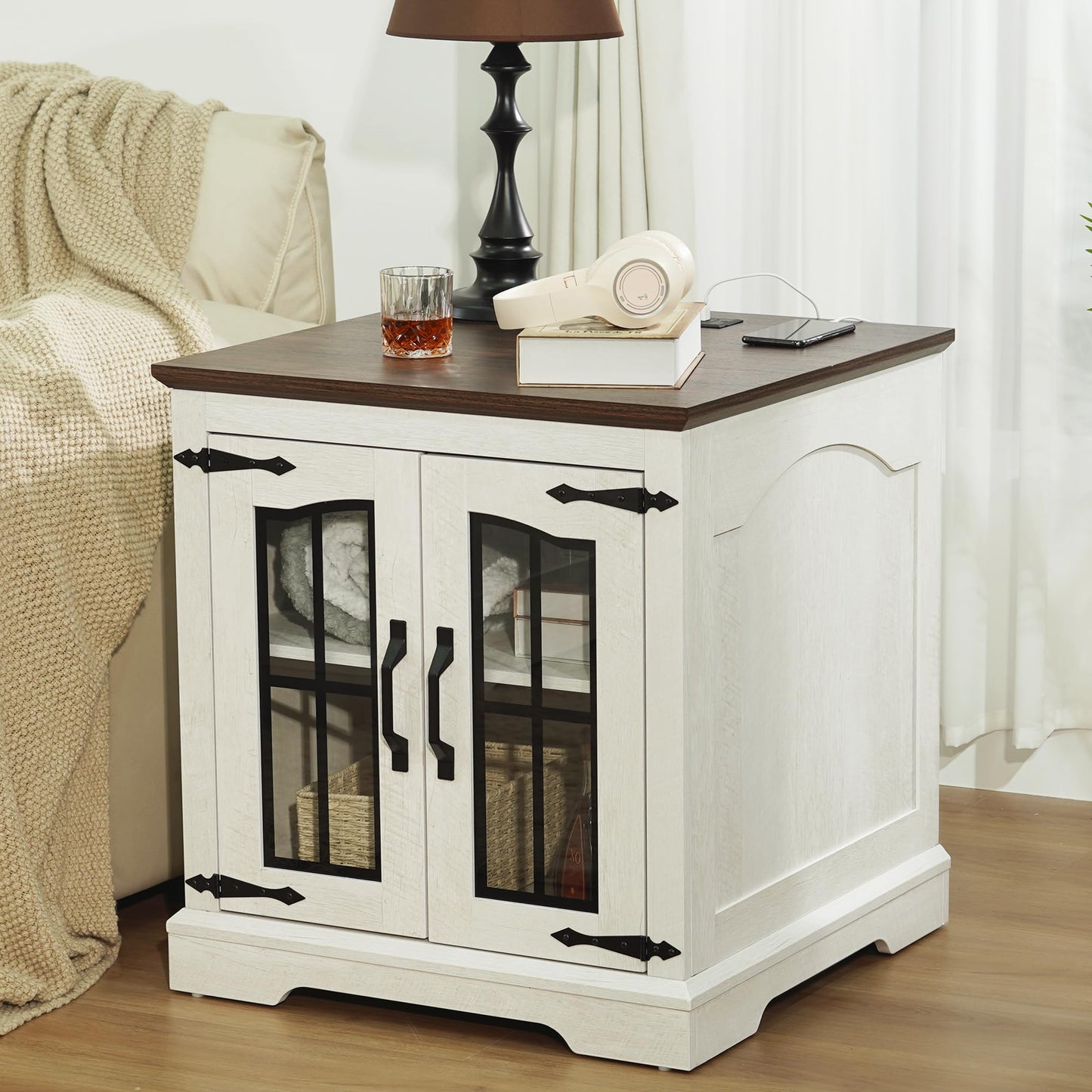 TRONLEE End Table with Charging Station, 23.6" Large Farmhouse Square Nightstand with Glass Barn Door, Sofa Side Table with Adjustable Storage Shelf for Living Room, Bedroom (White Walnut)