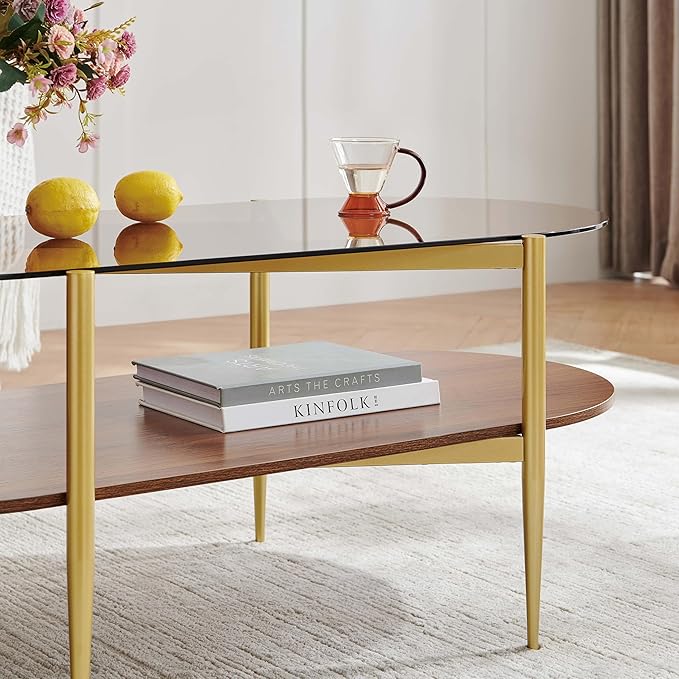 Pine Flicker Oval Glass Coffee Table, Mid-Century Modern Design, L42*W22*H17 inch, for Living Room, Amber Glass Top and Walnut Finish Wood Shelf, Conical Metal Legs with Gold Finish