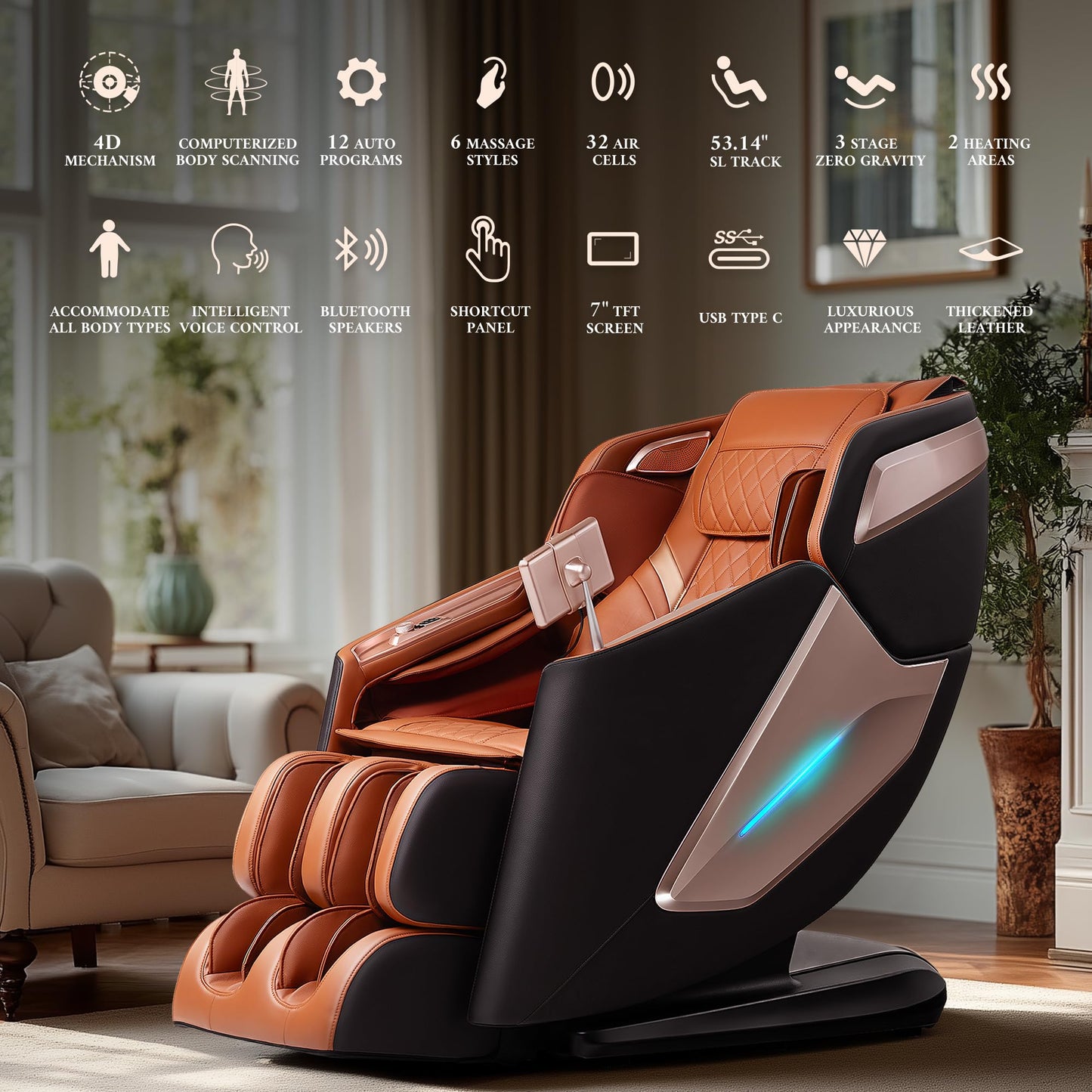 4D Massage Chair, Full Body Massage Chair, Zero Gravity Recliner w/ Intelligent Voice Control, 53.14" SL Track, Electric Calfrest Extension, 12 Auto Modes, USB Type-C, Bluetooth Speaker, TFT Screen