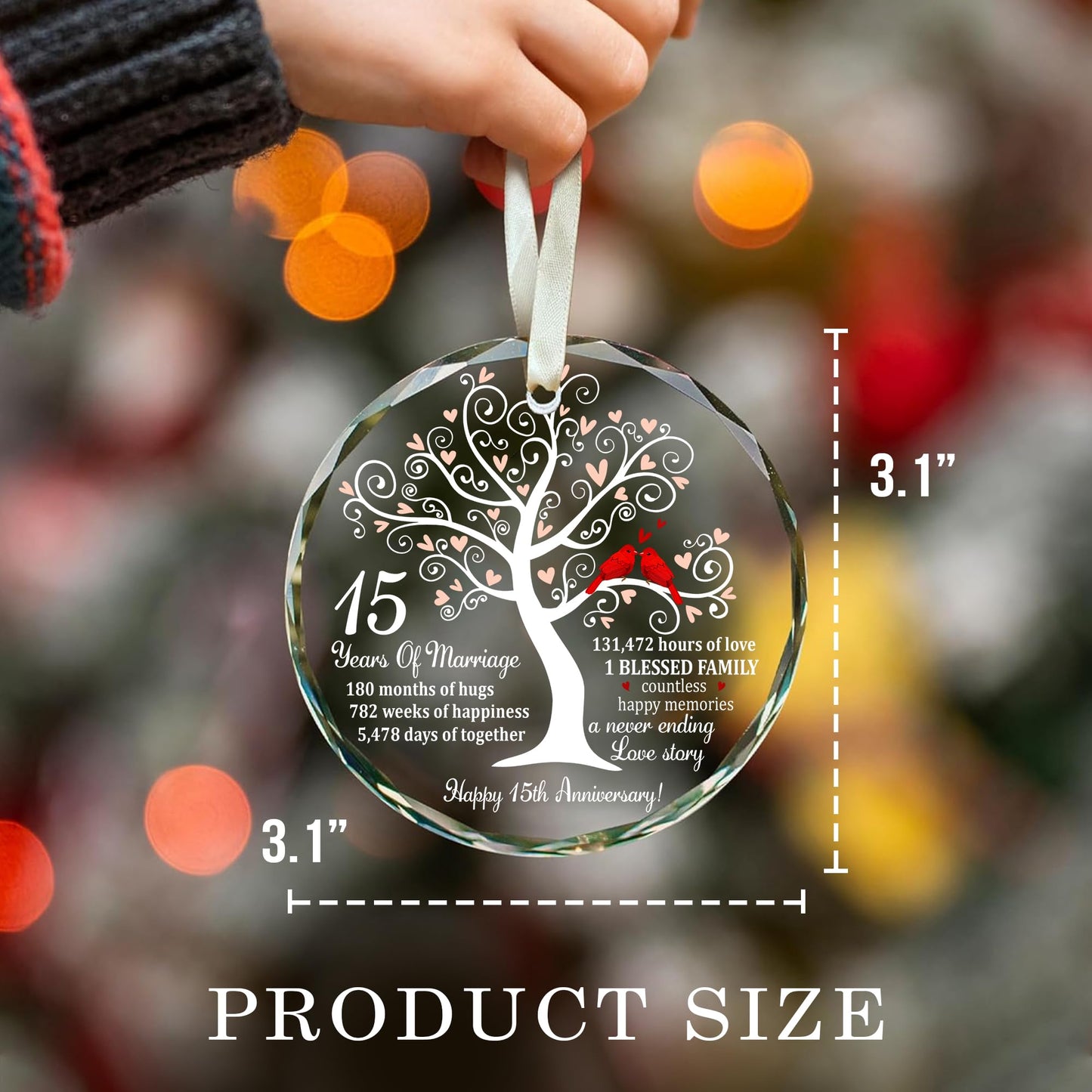 Bozspacer 15th Wedding Anniversary Ornament for Parents Couple Wife Husband - Crystal Anniversary Wedding Gift Ideas - Glass Ornament for 15 Years Marriage