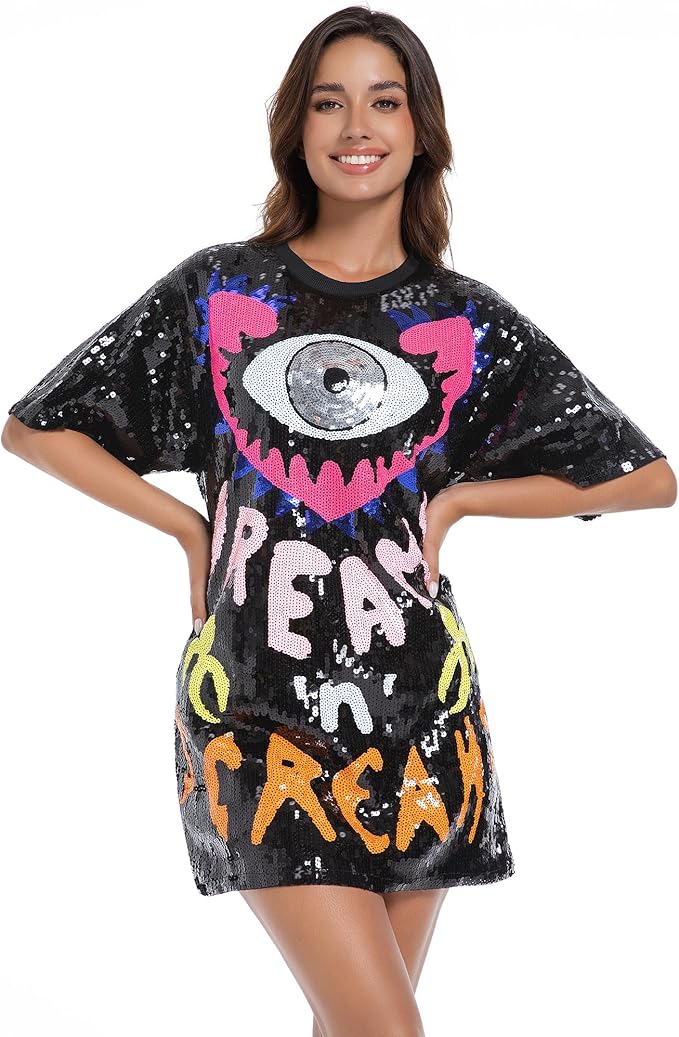 Sequins T-Shirts Glitter Dress O Neck Printed Mini Dress Loose Casual Nightclub Party Tops for Women