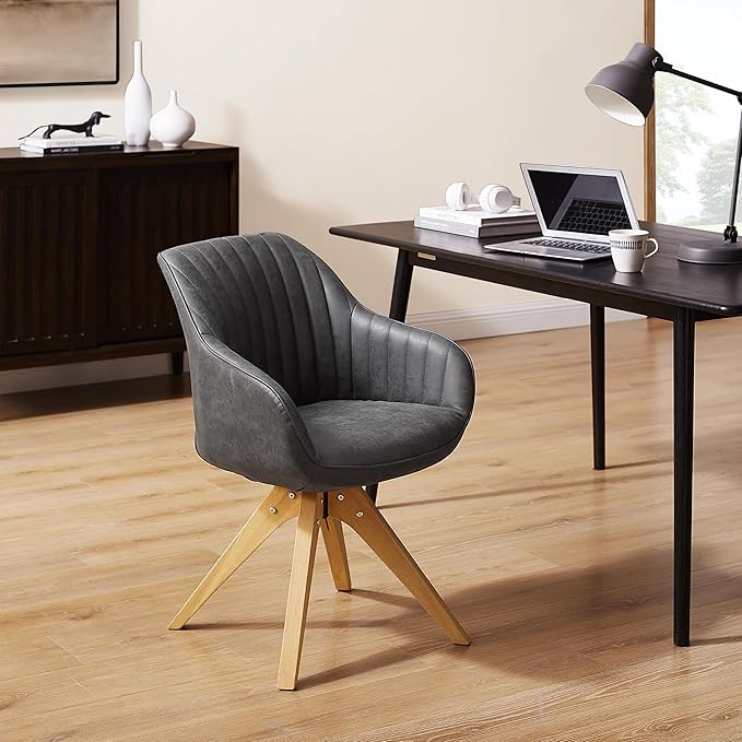 Art Leon Dining Chair, Mid Century Modern Faux Leather Upholstered Swivel Dining Room Chair with Oak Wood Legs, Leisure Side Chair with Arms for Living Room, Black