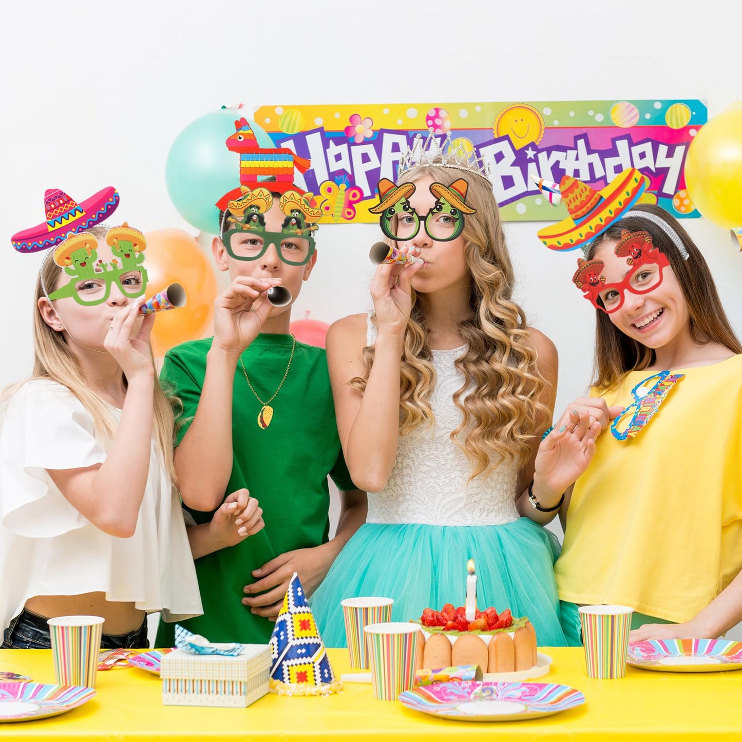 Hotop 36 Pcs Fiesta Party Decorations Sombrero Paper Hat Headbands Bead Necklaces Eyeglasses for Cinco De Mayo Mexican Party Supplies