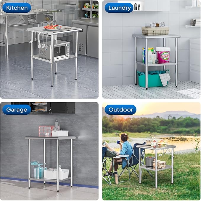 ROVSUN 24'' x 24'' Stainless Steel Table for Prep & Work,Commercial Worktables & Workstations, NSF Heavy Duty Metal Table with Adjustable UnderShelf for Kitchen Restaurant, Home, Hotel, Outdoor