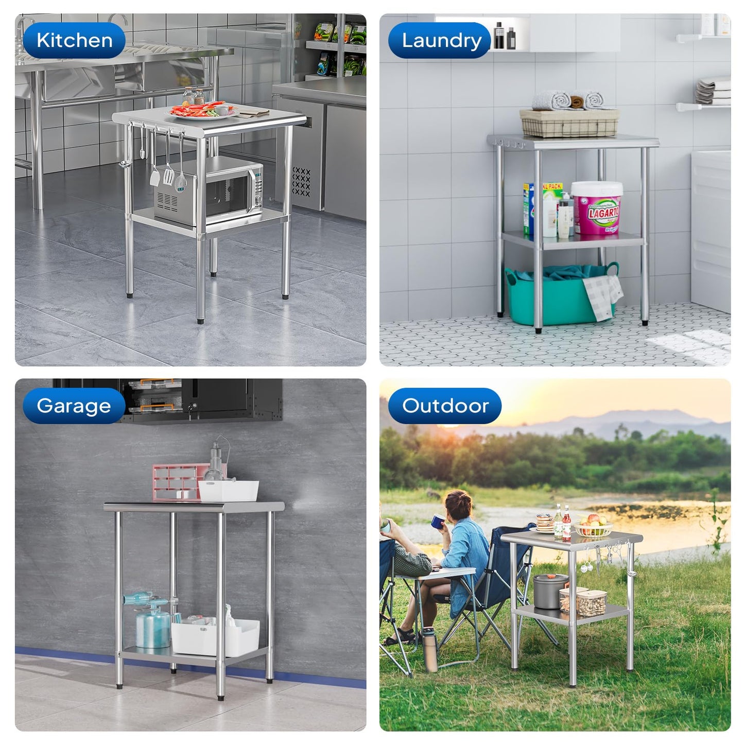ROVSUN 24'' x 24'' Stainless Steel Table for Prep & Work,Commercial Worktables & Workstations, NSF Heavy Duty Metal Table with Adjustable UnderShelf for Kitchen Restaurant, Home, Hotel, Outdoor