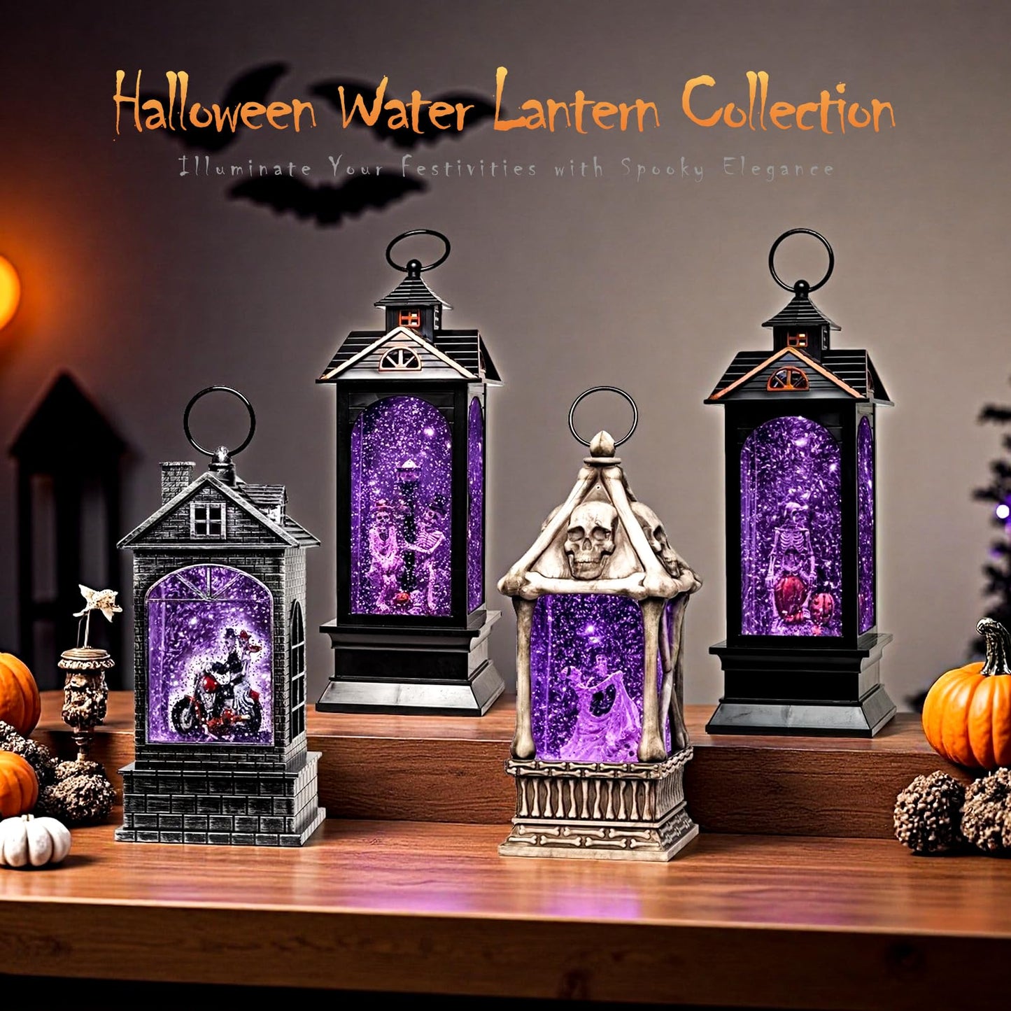 Halloween Snow Globe Lantern with Skull - Ghost Projection Water Lantern with Music - Skeleton Couple with Streetlight and Pumpkin Halloween Decoration for Home - USB or Battery Powered (Style 1)