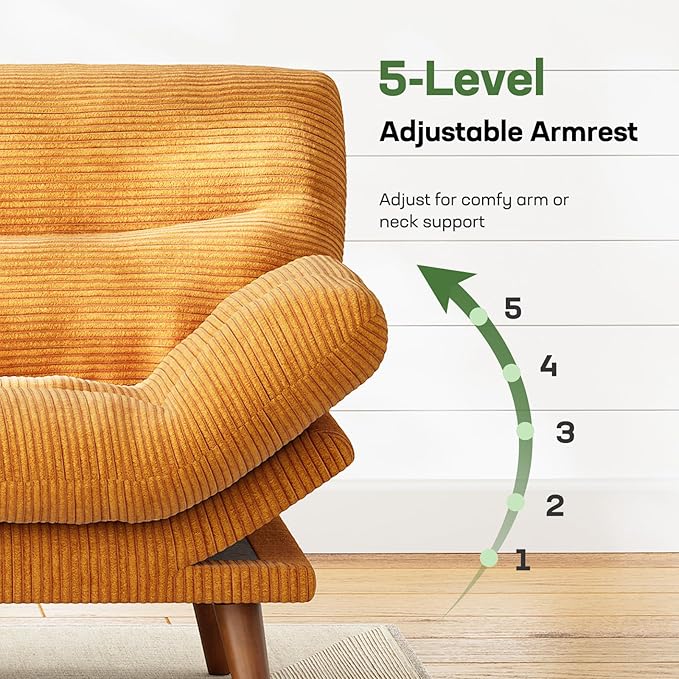Marsail Futon Sofa Bed, 66” Futon Couch with Adjustable Backrest & Armrests, Convertible Small Sleeper Sofa Bed for Small Apartments, Study Room, Office, Corduroy Loveseat, Yellow