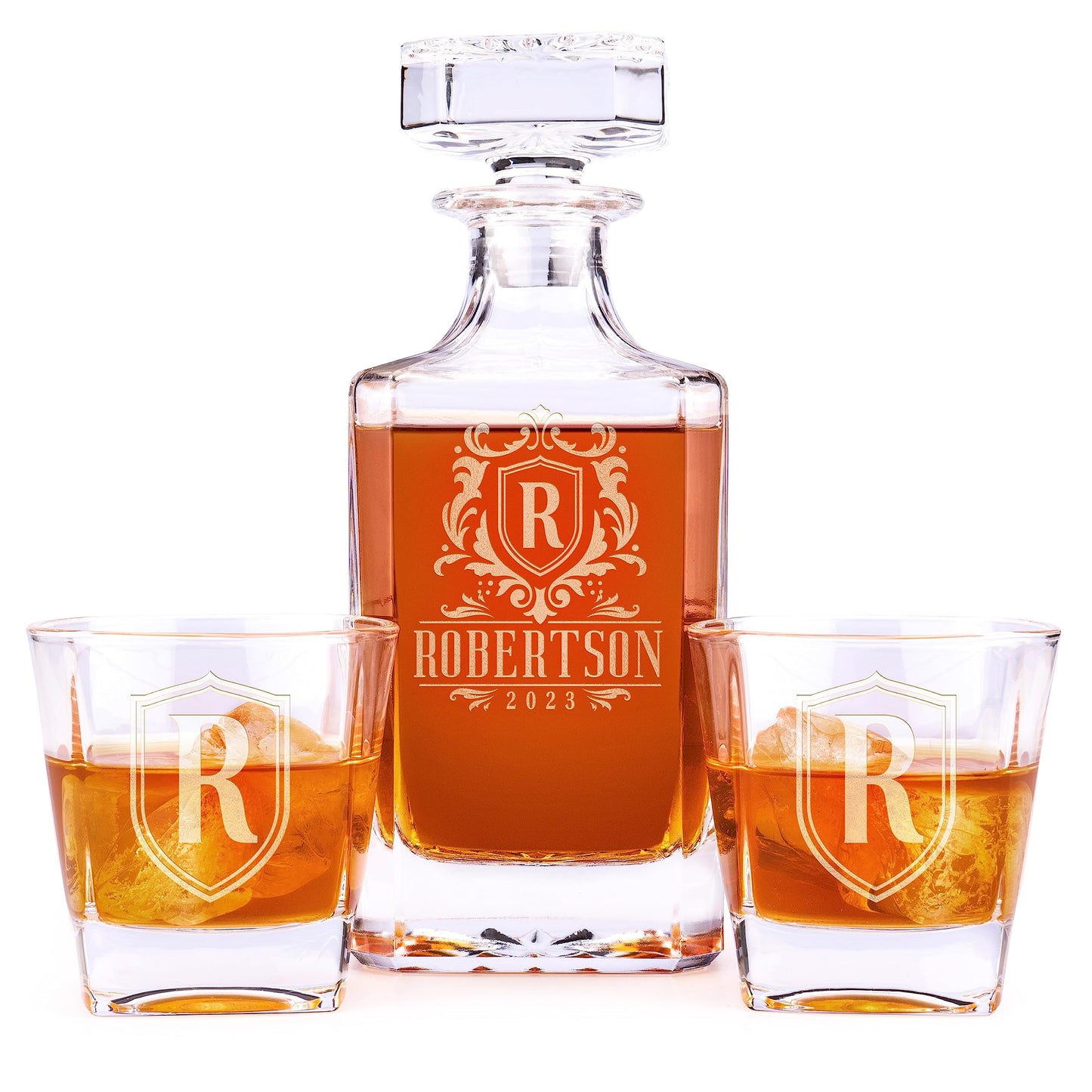 Personalized Whiskey Decanter Set - 5 Design Options - Custom Liquor 25 oz, 750ml Liquor Decanter w/Whiskey Glass Set Options, Birthday & Retirement Gifts for Men