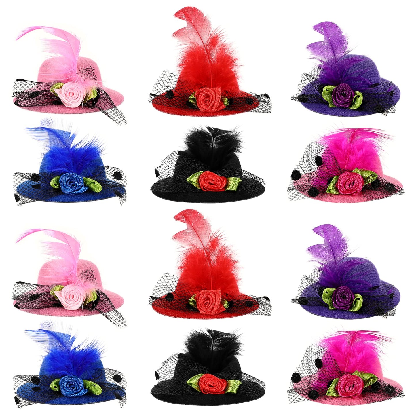 12 Pcs Mini Hat Hair Barrettes Small Top Hat Fascinators with Ribbon Flowers, Faux Feather Mesh Hairpins for Party Costume Acces