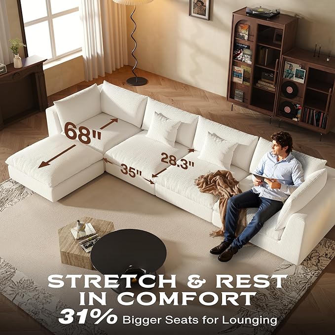Fajiani Oversized Modular Sectional Sofa, Cloud Couch Deep Seat Sofa Cushion Covers Removable, Oversized Sectional Couches for Living Room (6 Seater U Shaped-Off White)