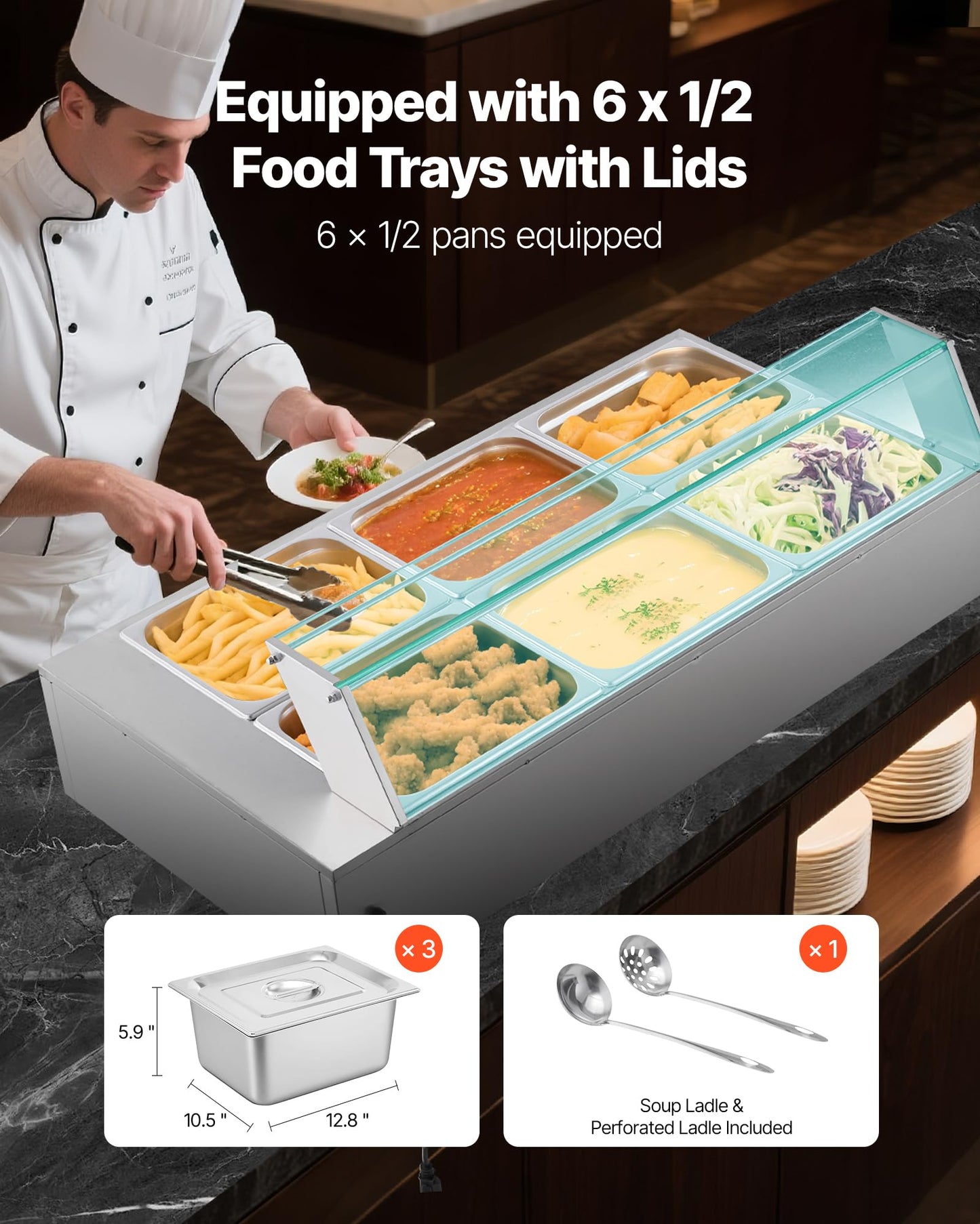 VEVOR Commercial Food Warmer, 1500W Electric Stainless Steel Steam Food Warmer with Glass Cover, 6 x 1/2 Size Pans Buffet Bain Marie with Soup & Perforated Ladles, for Catering, Restaurant & Party