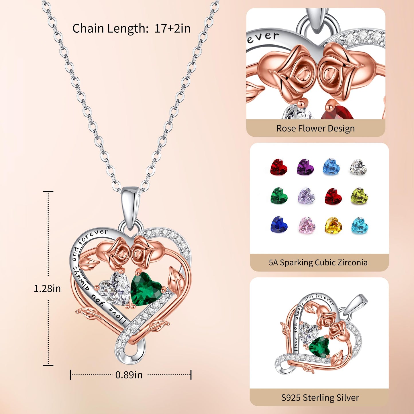 Lomantise Christmas Gifts for Wife Rose Heart Necklace for Women Sterling Silver May Citrine Birthstone Pendant Birthday Graduation Jewelry for Her Girlfriend Lady Mom