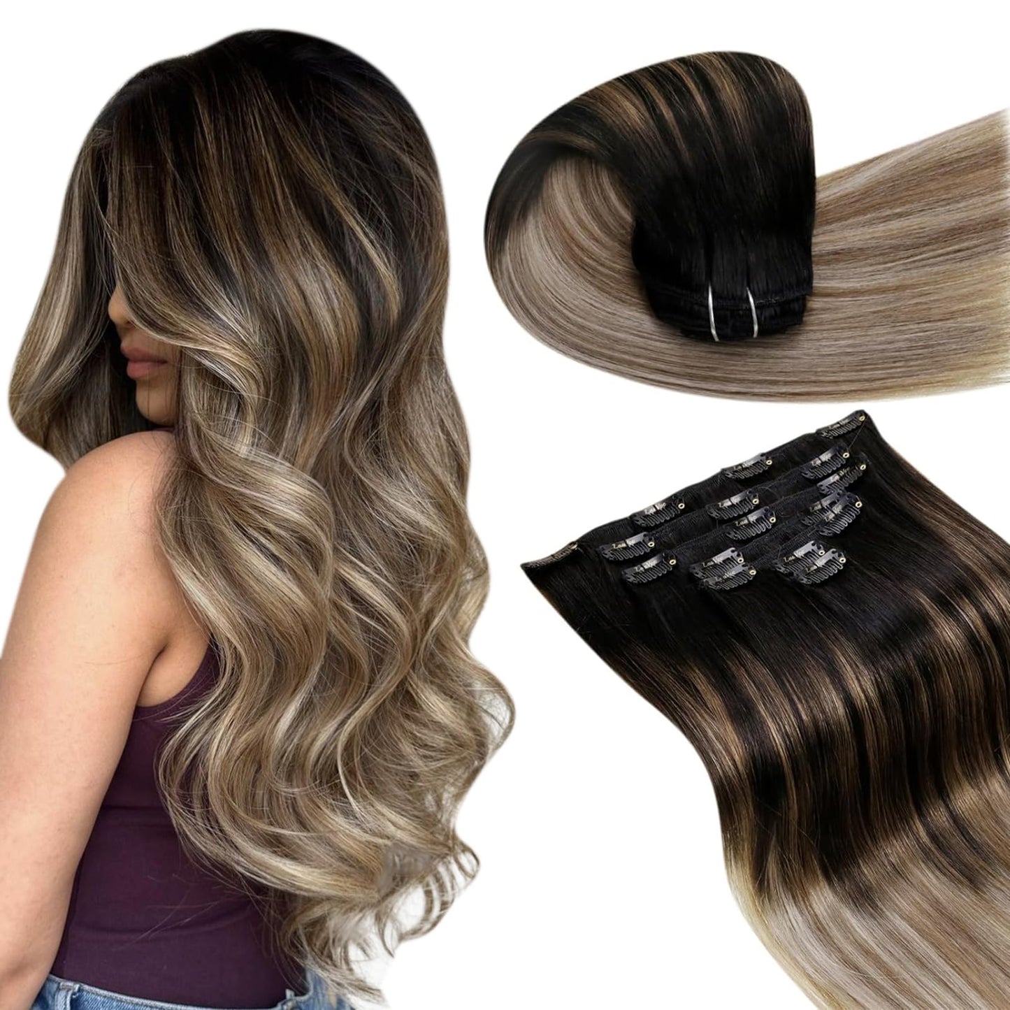 LaaVoo Human Hair Clip in Extensions Black Ombre Hair Extensions Clip ins Real Human Hair Black to Light Brown Mix Light Blonde
