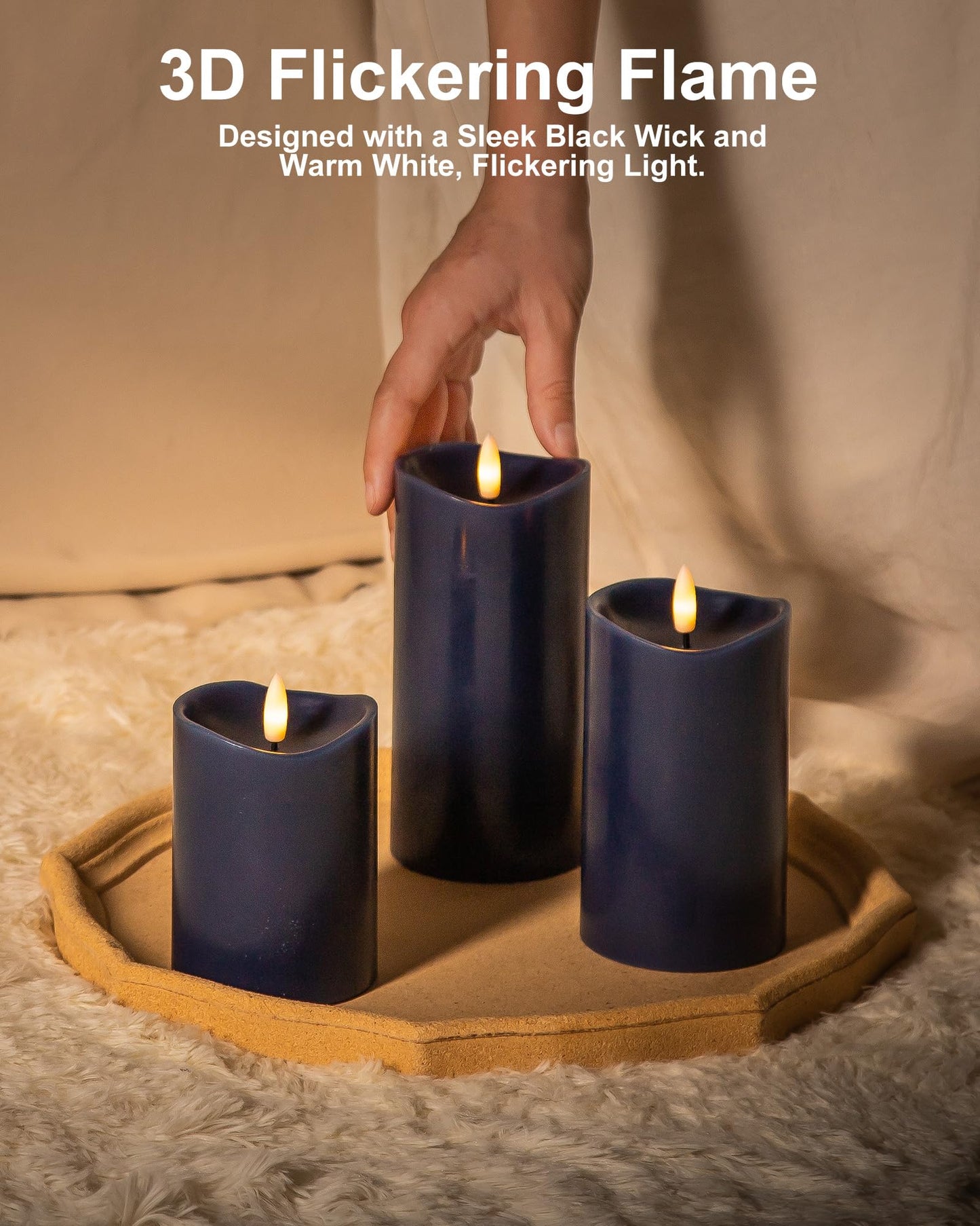 Velsyn Navy Blue Flameless Candles with Remote and Timer, Real Wax Made LED Pillar Candles Battery Operated with 3D Flickering Flame Melted Top, 3" x 4", 3" x 5", 3" x 6", Navy Blue Decor, Set of 3