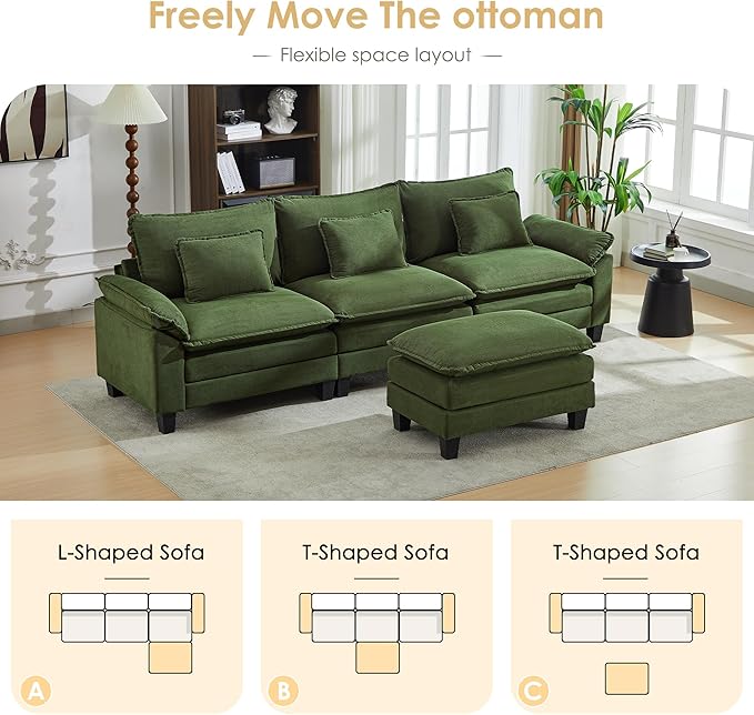 URRED Cloud Couch Modular Sectional Sofa, 122'' Modern L Shaped Deep Seat Sofa with Ottoman & Pillows, Ultra Comfy Corduroy Couches for Living Room, Bedroom or Apartment, Green
