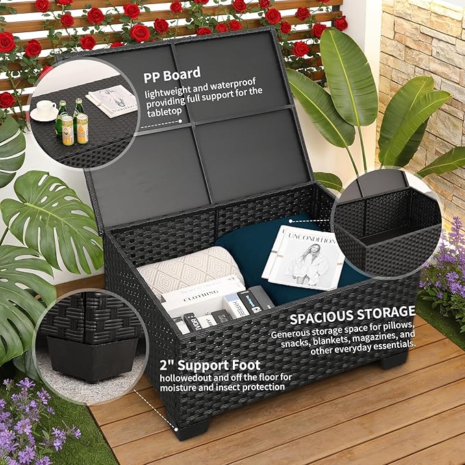 Rattaner Patio Furniture Set 6 Pieces Couch Outdoor Chairs Coffee Table Peacock Blue Anti-Slip Cushions and Waterproof Covers