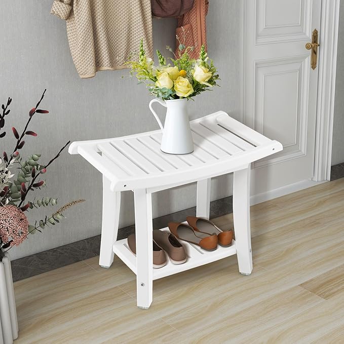 GOFLAME 2-Tier Shower Bench, Spa Bath Shower Stool with Curved Seat, 2 Easy-to-Grip Handles, Storage Shelf & Non-Slip Foot Pads, Waterproof Shower Chair for Bathroom, Living Room, Entryway, White