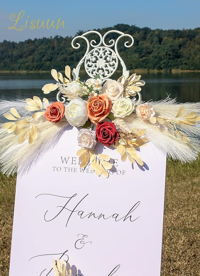 Wedding Arch Flowers, Artificial Floral Decor for Wedding Ceremony & Reception, Standard Size Large Flower Swag Set for Backdrop & Welcome Sign, Pack of 2 (Orange Wine Red Pampas)