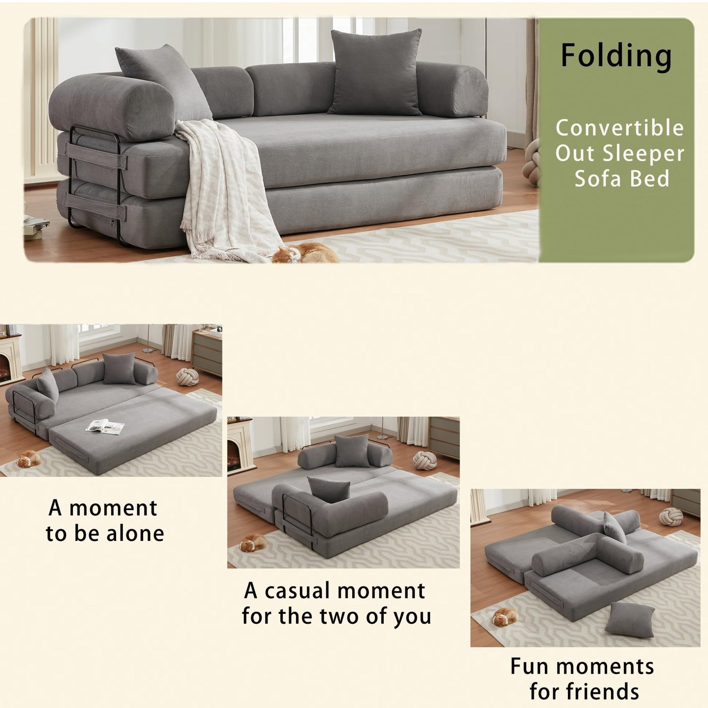 ZEIINPA Convertible Sleeper Sofa Bed with Cylindrical Pillow, Corduroy Folding Mattress Couch with Fixed-Shape Frame, Floor Sofa Lounge Couch for Living Room Bedroom Lounge Studio-Grey