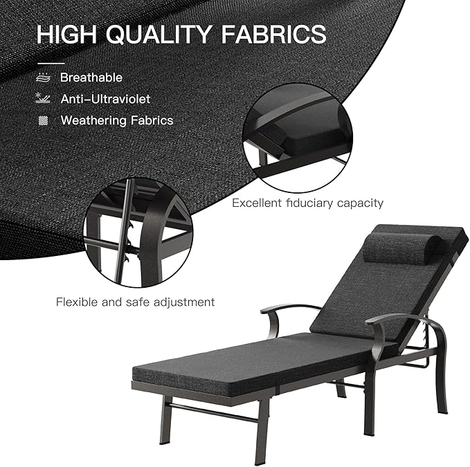 Trumbeak Patio Lounge Chairs Set of 3,Outdoor Lounge Chairs with 5 Adjustable Positions Backerst,Armrest Lounge Chair for Beach,Yard,Balcony,Poolside,Black