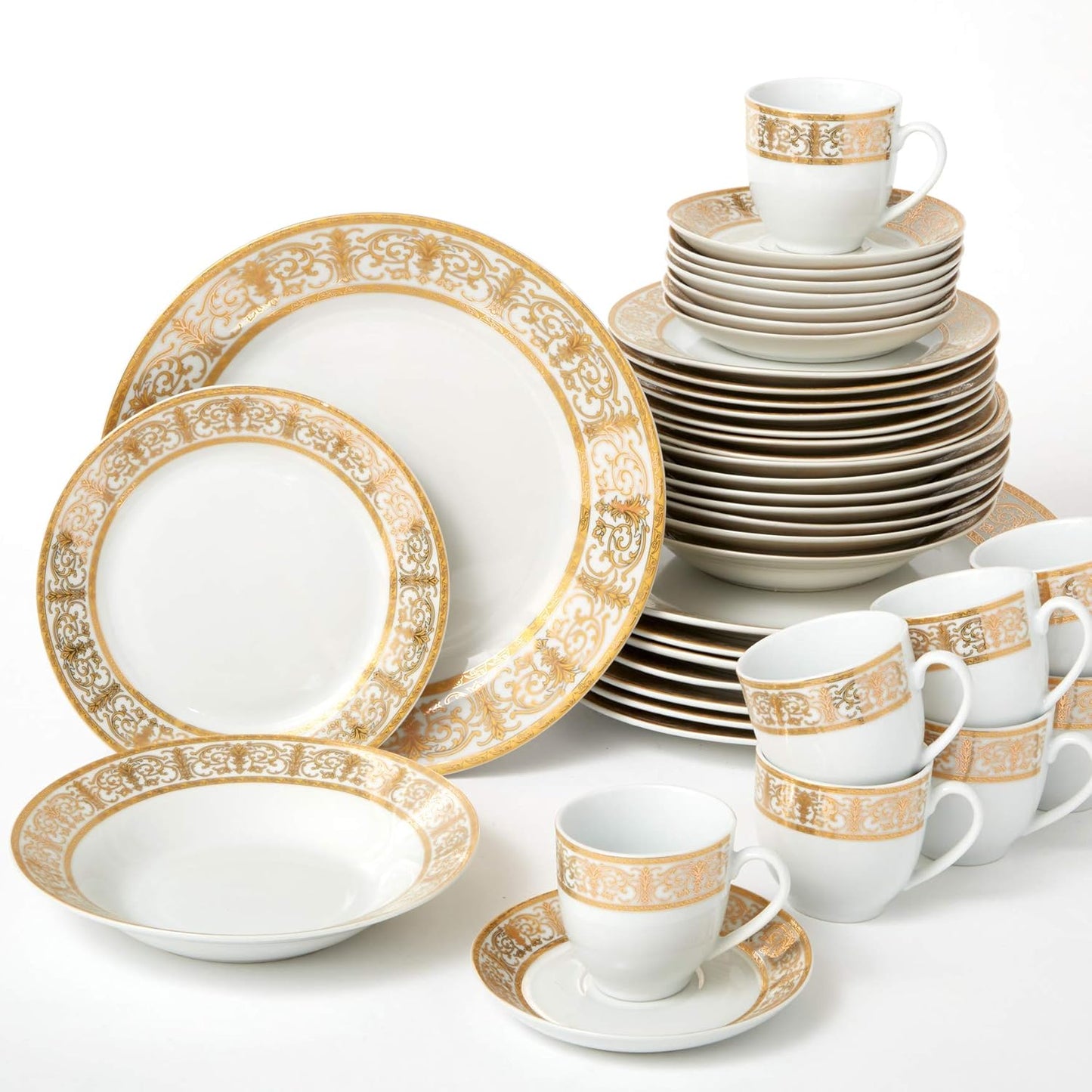 BrylaneHome Medici 40-Piece Premium Golden Porcelain Dinnerware Gold White Set (Service For 8) Includes Dinner Dessert Plates Bowls Saucers Mugs Cups - Gold White