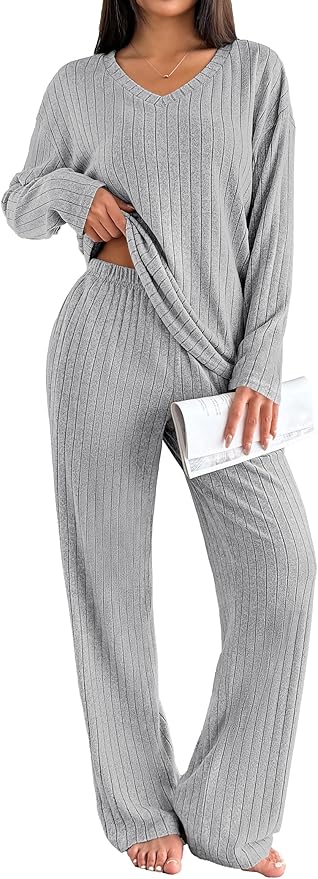 Ekouaer Lounge Sets for Women Long Sleeve Knit Ribbed Pajama Sets 2 Piece Casual Loungewear with Pockets
