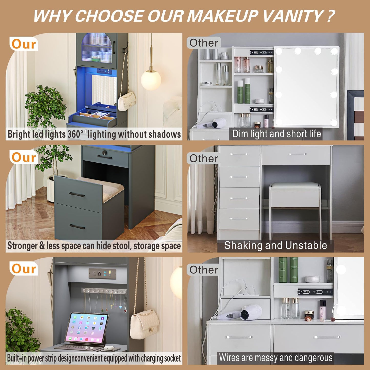 Makeup Vanity with Mirror and Lights, Vanity Desk with Drawers and Shelves, Makeup Desk with Storage Stool, Compact Vanity Table with Charging Station for Small Space, Grey